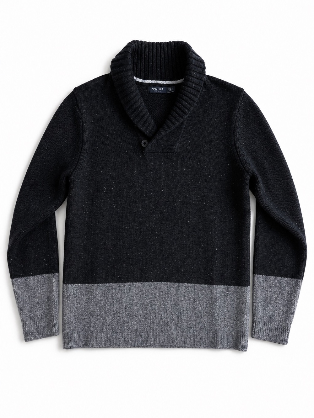 Nautica Shawl Collar Colorblock Knit Sweater Holiday Fall Winter Black Gray L